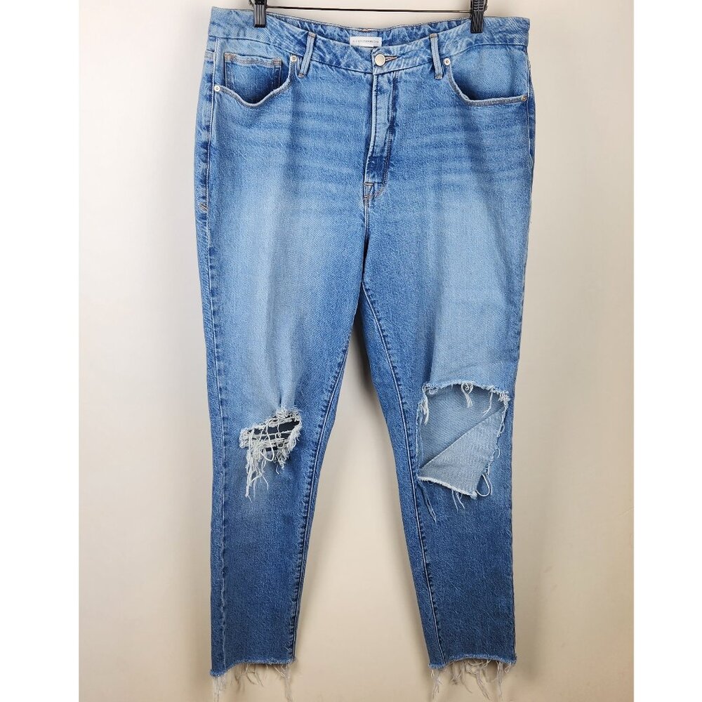 Good American Weekender Straight Leg Jeans Distressed Ripped Knees sz 15